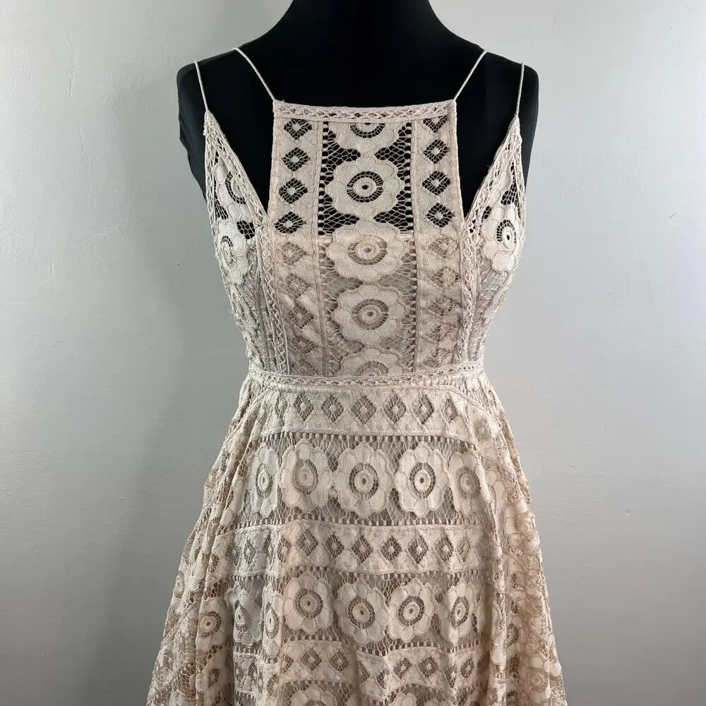 FREE PEOPLE Beige White A-line Dress Floral Just Like Honey Lace Back Zip Size 0 - Picture 2 of 9
